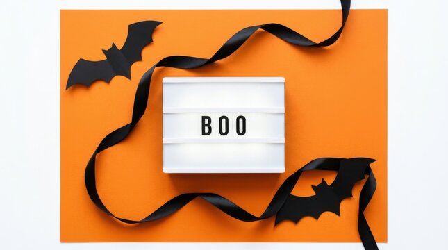 Halloween flat lay with a light box spelling boo, black paper bats, and a ribbon on an orange background