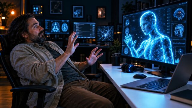 Man interacting with digital humanoid AI on workstation screens in a research lab