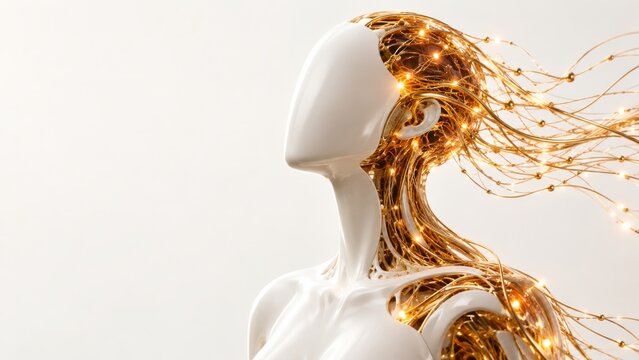 White humanoid robot with exposed golden cable network on minimal background