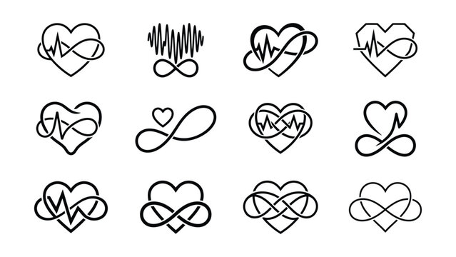 Creative heart and infinity symbol line art icons with medical heartbeat lines
