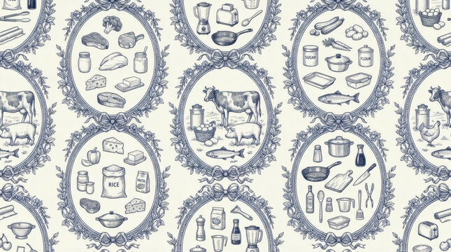 Seamless toile pattern with vintage kitchen medallions, farm animals, cookware and food illustrations in blue on cream background