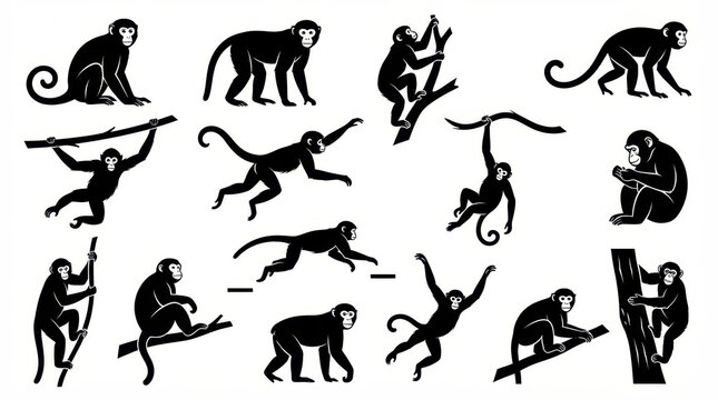The Image Is A Collection Of Nine Black Silhouettes Of Monkeys In Various