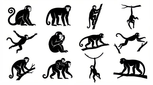 The Image Is A Collection Of Nine Black Silhouettes Of Monkeys On A White