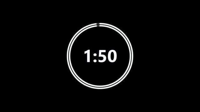 2 minute countdown timer with circular progress ring, digital timer animation from 120 to 0 seconds on black background, 4K video