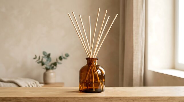 Aromatherapy reed diffuser with wooden sticks in amber bottle home interior decoration.