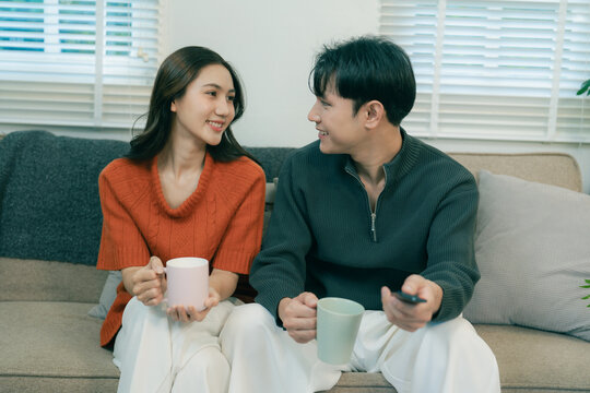 Happy Asian couple sitting on sofa talking and gesturing together at home