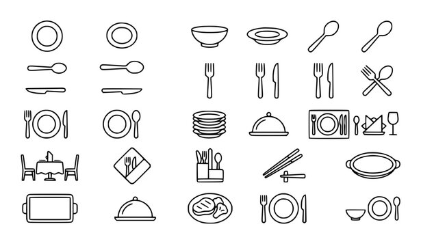 30 dining tableware outline icons featuring plates spoons knives forks and restaurant cutlery in a clean editable linear vector collection