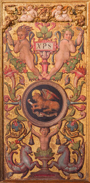 Avila - The plateresque decorative door in the sacristy of Catedral de Cristo Salvador by Cornelius de Holanda from 16. cent. with the symbolic of st. Mark the Evangelist.