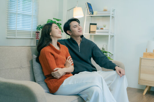 Happy Asian couple sitting on sofa talking and gesturing together at home