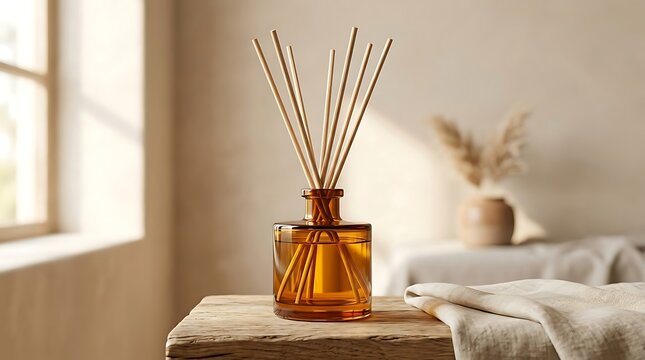 Aromatic reed diffuser with essential oil bottle standing on wooden rustic table in modern home room.