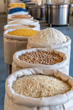 Assorted grains and flour in burlap sacks lined on table for food market display, packaging and culinary design use