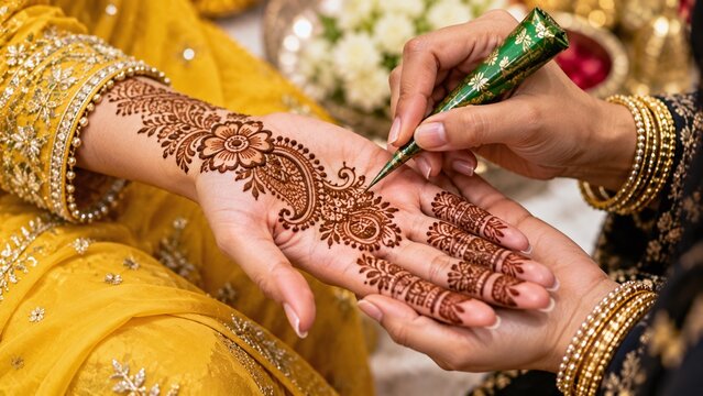 Applying intricate traditional henna design on bride's hand during Indian wedding ritual celebration with vibrant attire and bangles