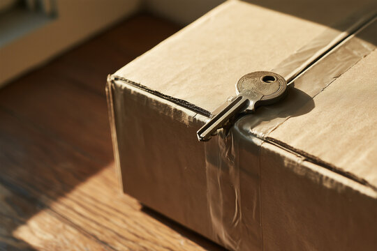 Vintage Key Resting on a Sealed Cardboard Box in Warm Sunlight