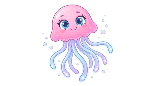 Cute pink jellyfish cartoon character, adorable sea creature with big eyes, pastel aquatic animal illustration on white background