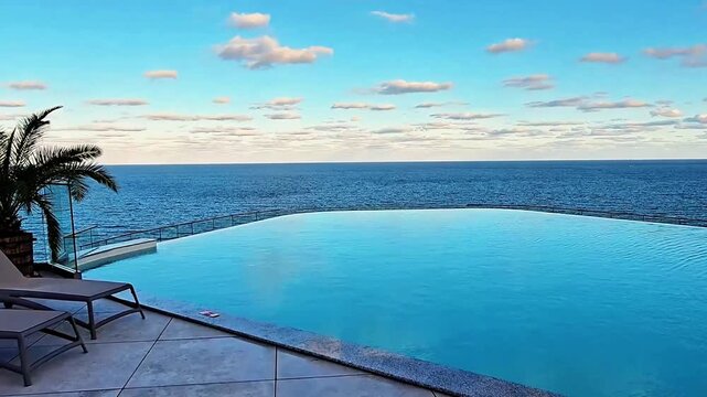 Rooftop swimming pool overlooking the sea, surrounded by palm trees, lounge chairs and glass safety railings under a blue summer sky