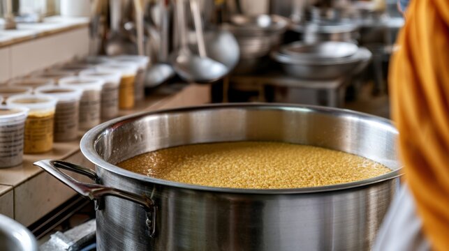 Detail of large stainless pan cooking grains in a commercial kitchen for menu design packaging and recipe background