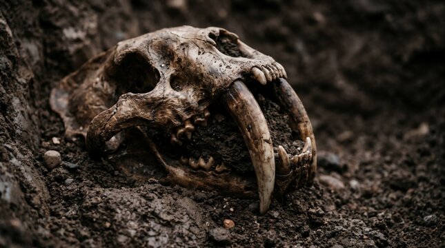 Fossilized saber-tooth tiger skull buried in dirt and soil, archeological discovery and paleontology concept