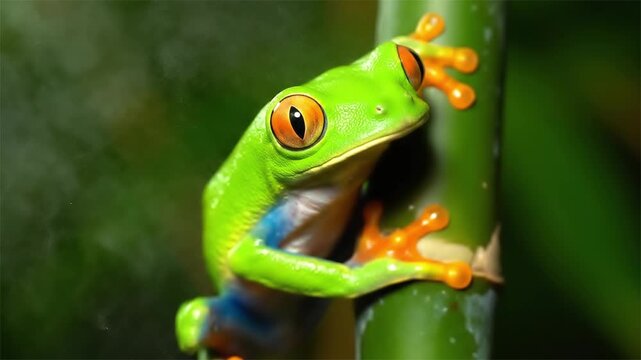 Red eyed tree frog perched on green bamboo stem close up macro portrait in tropical rainforest