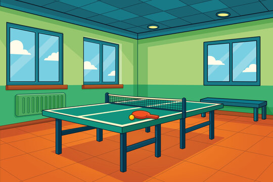Indoor Table Tennis Game Room with Ping Pong Table, Paddle and Ball Cartoon Vector Illustration