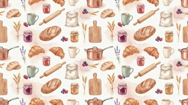 Seamless watercolor pattern with bakery items, croissants, bread, jam jars, copper pots and rolling pins on white background