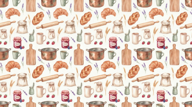 Seamless watercolor pattern with bakery items, croissants, bread, jam jars, copper pots and rolling pins on white background