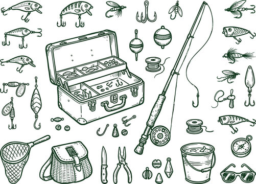 Professional fishing equipment sketches featuring tackle box and rod collection.