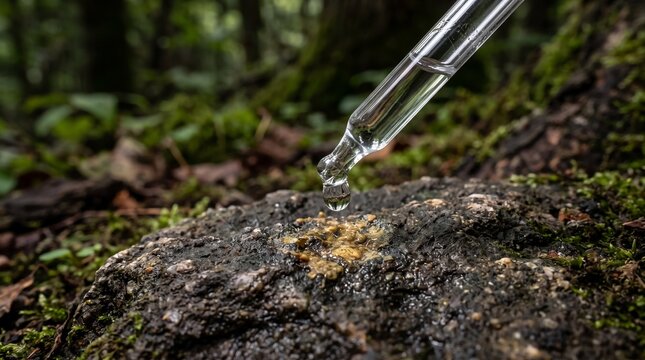 Forensic investigator using a pipette to collect a liquid sample or chemical evidence from moss and rock at a crime scene