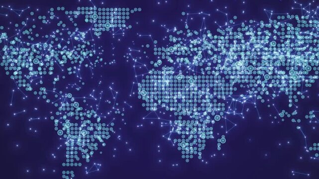 A video showcasing a digital world map made of blue pixels on a dark background