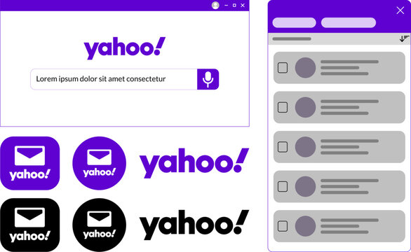Yahoo Mail web interface and logo, purple email service software design, set of digital communication window vectors