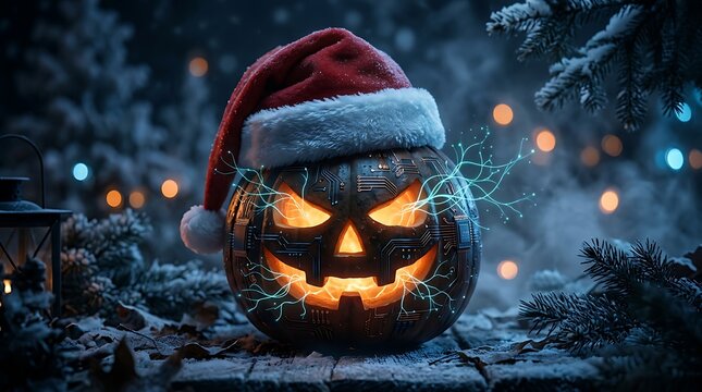 Creepy halloween pumpkin wearing a red santa claus hat with glowing electric sparks and bokeh lights in the dark background