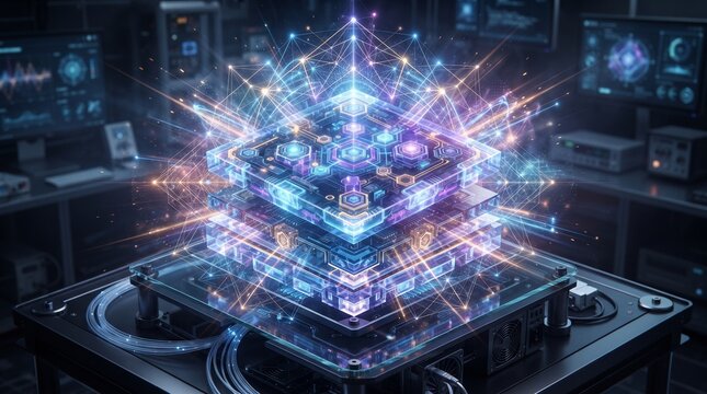 Advanced quantum processor emitting intricate blue and purple energy patterns on a futuristic desktop