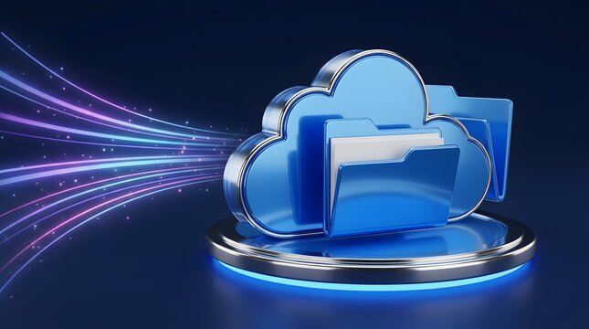 3D Render of Cloud Computing Storage Icon with File Folders and Data Transfer Trails