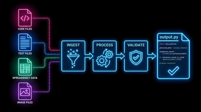 Data Processing Pipeline Flowchart with Neon Icons Showing Data Ingestion and Validation Workflow