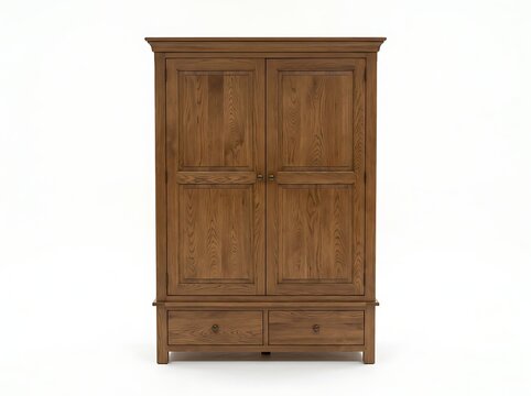Brown wooden wardrobe with two doors and brass knobs