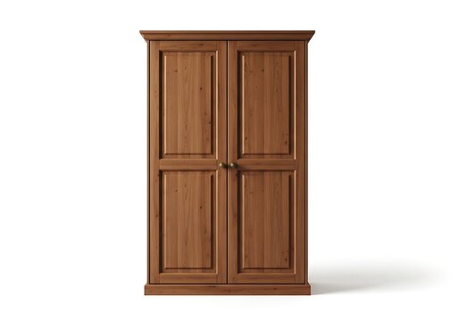 Brown wooden wardrobe with two doors and brass knobs