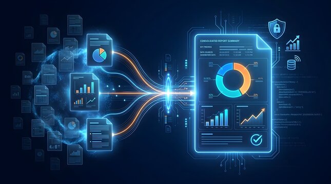 Digital data consolidation concept showing multiple documents merging into a consolidated report summary.
