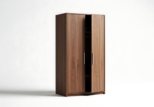 Brown wooden wardrobe with two doors and brass knobs
