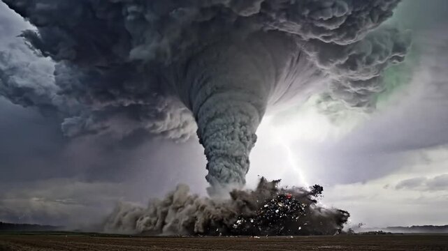 A massive dark tornado swirls above a desolate open field landscape