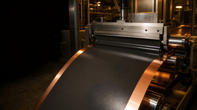 Copper foil coated with black material on an industrial coating machine