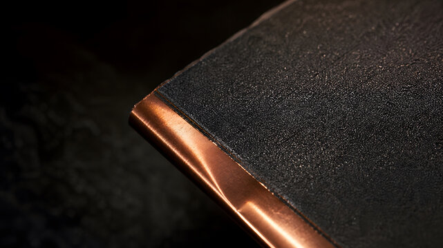 Macro close-up of a black coated electrode sheet with a copper edge