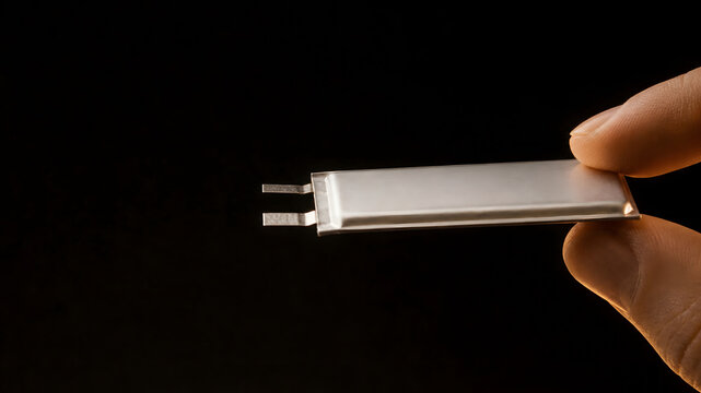 Fingers holding a thin pouch lithium battery cell on a black background
