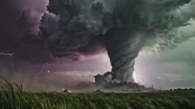 A massive dark tornado swirls above a green grassy field landscape