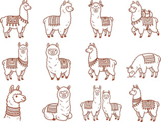 Fototapeta premium Cute alpaca and llama characters hand drawn brown line art vector collection.