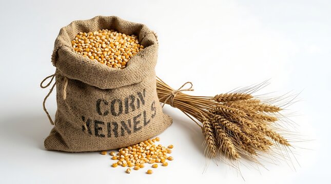 Burlap sack of whole corn kernels with wheat bundle