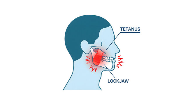 Medical illustration depicting tetanus symptoms and lockjaw condition on face