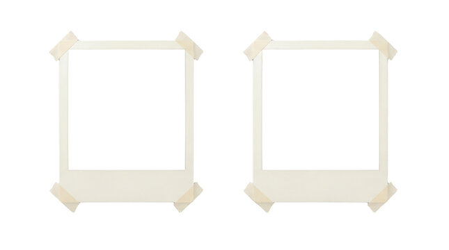 Vintage instant photo frames, set of two blank polaroid style film borders fixed with adhesive masking tape, retro white paper picturedesign elements for isolated on transparent background