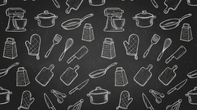 Seamless chalkboard pattern with hand drawn kitchen utensils and cookware in white chalk sketch style on dark background