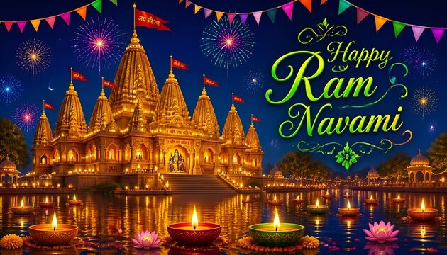 Vibrant Watercolor Celebration of Ram Navami with Temple and Floating Lamps