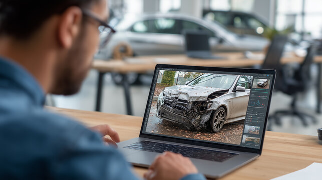 Insurance professional reviewing a damaged car accident image on a laptop in an automotive office, illustrating vehicle claims, damage assessment and insurance services.