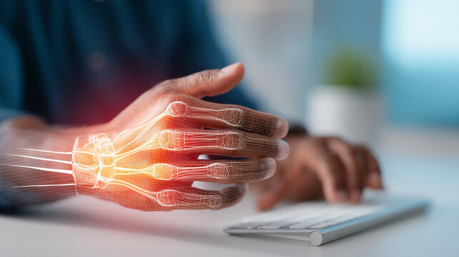 Futuristic medical visualization of hand and wrist bones with highlighted joints over a computer workstation, illustrating repetitive strain, digital health, ergonomics and diagnosis.